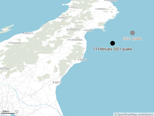 L’épicentre du séisme du 13 février 2021 se situe non loin de celui ayant causé le tsunami en 2011. © The Conversation, USGS